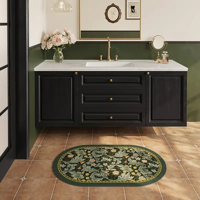 Dywanik Łazienkowy Owalny Wzór Kwiatowy | Zielony Washable