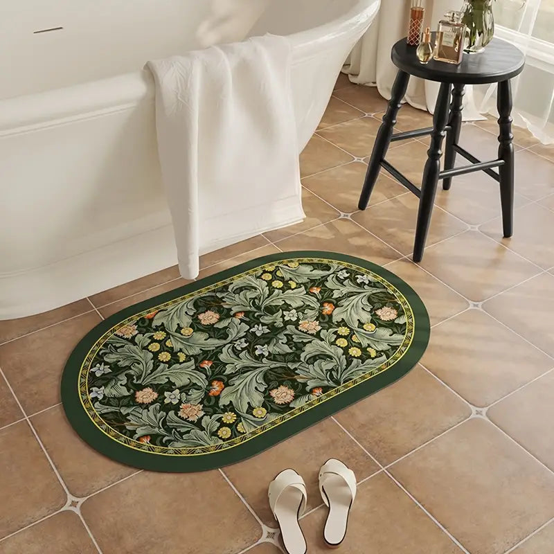 Dywanik Łazienkowy Owalny Wzór Kwiatowy | Zielony Washable