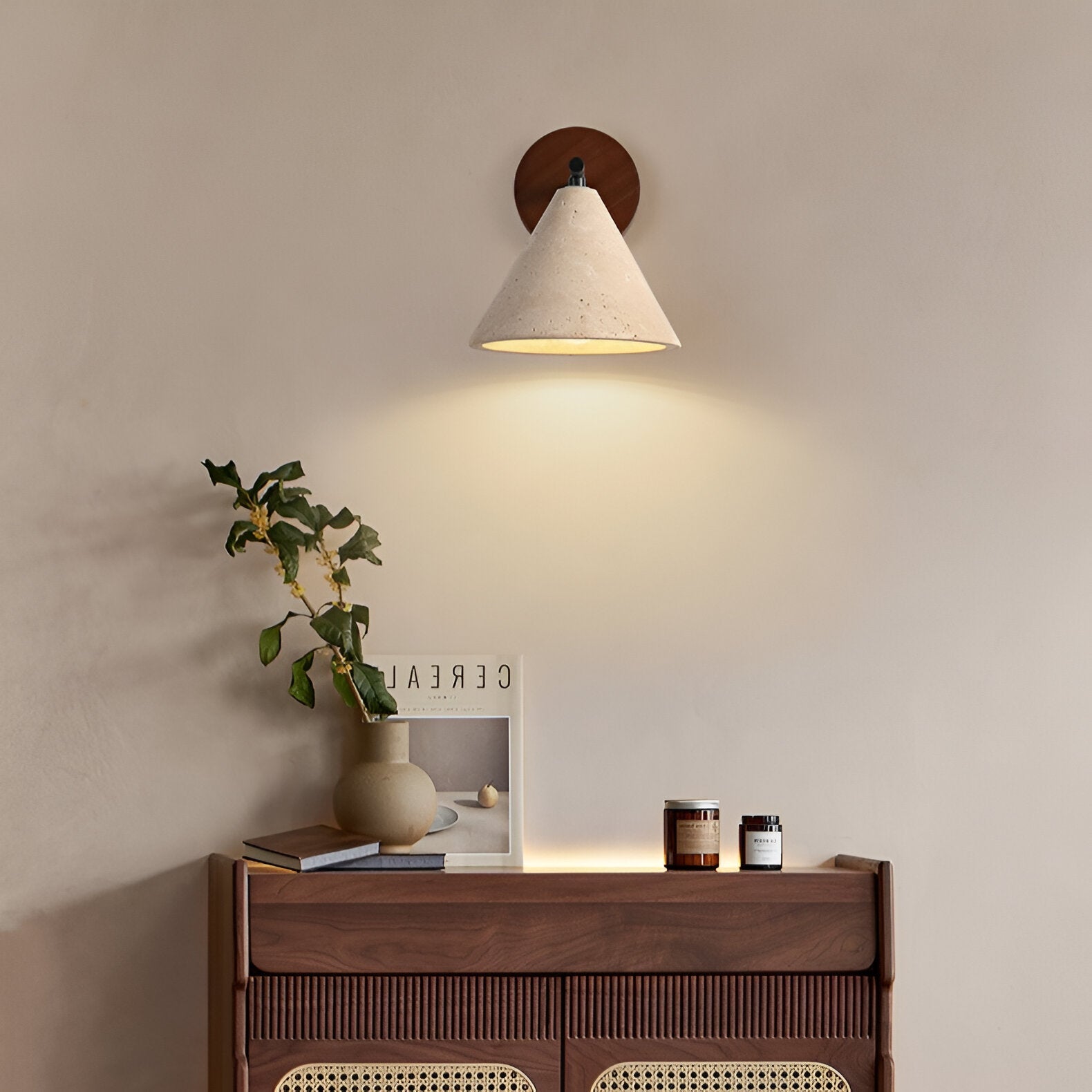 Kinkiet Ścienny Kamienny Stożek Salon Sypialnia | Drewniana Podstawa