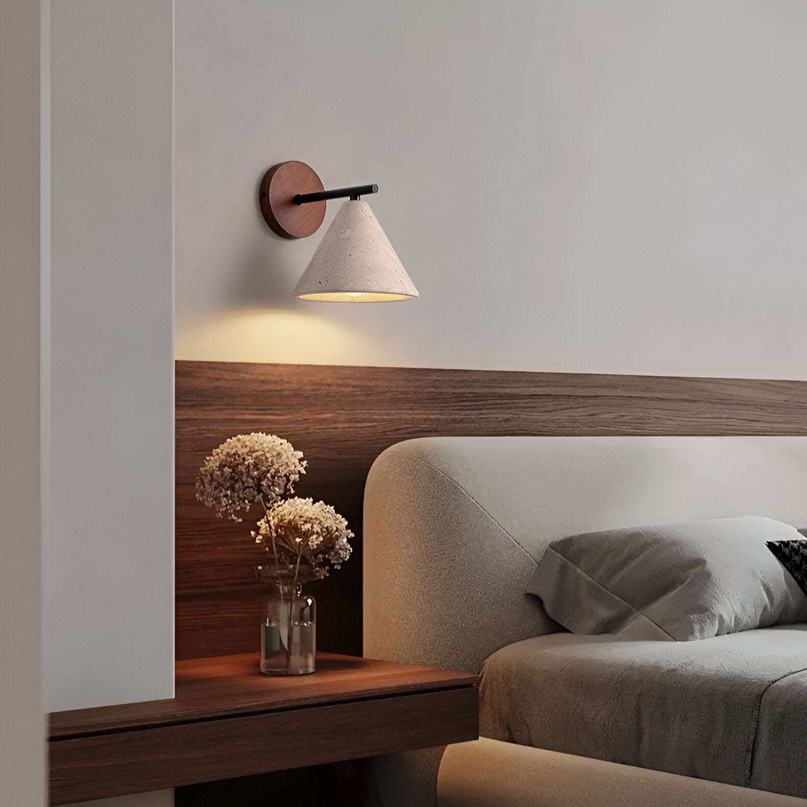 Kinkiet Ścienny Kamienny Stożek Salon Sypialnia | Drewniana Podstawa