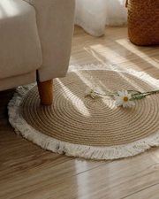 Mata Okrągła Pleciona Salon Bedroom | Beżowa Frędzle